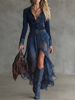 Leopard-print Chiffon Patchwork Dress With An Asymmetrical Hem And Slit