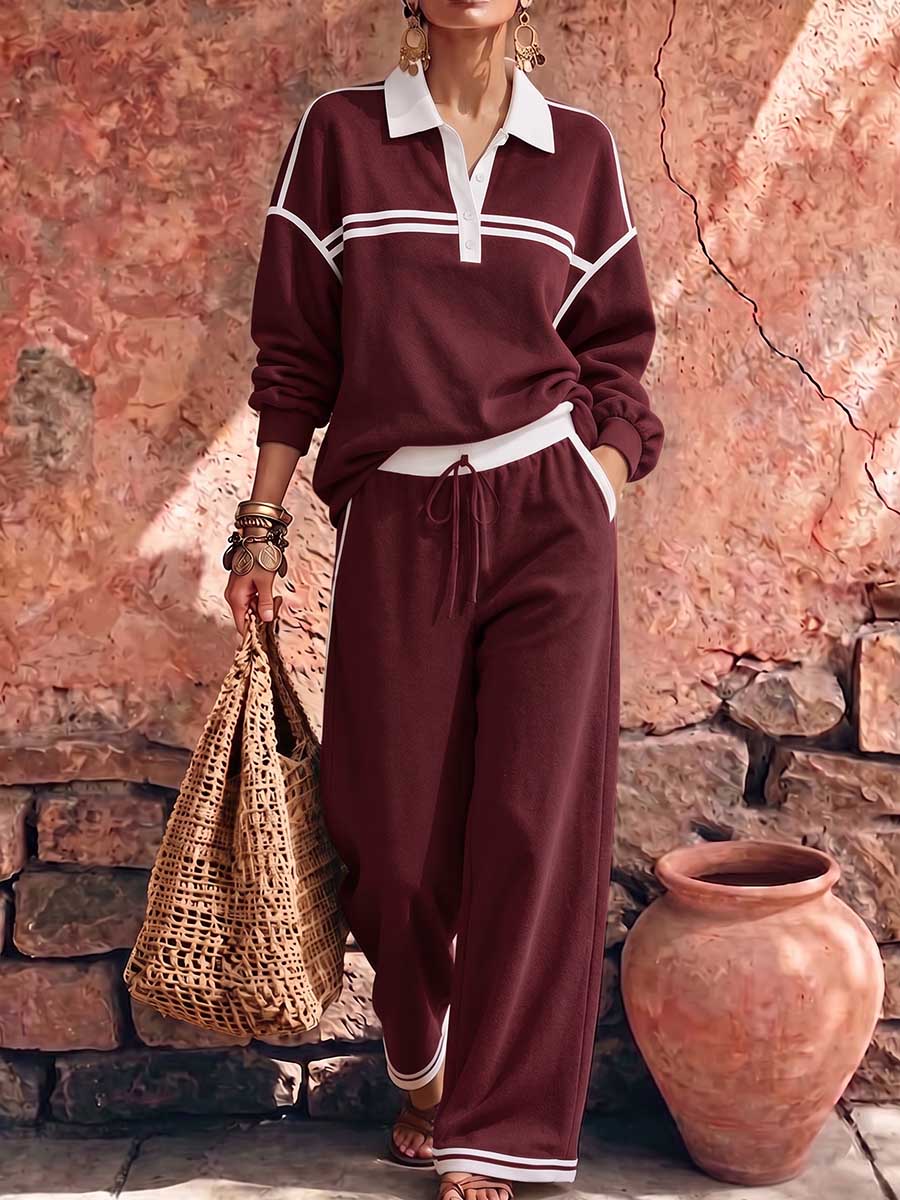 Women's Collared Long-sleeved Casual Loose Pullover Top And High-waisted Wide-leg Pants Suit