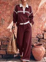 Women's Collared Long-sleeved Casual Loose Pullover Top And High-waisted Wide-leg Pants Suit