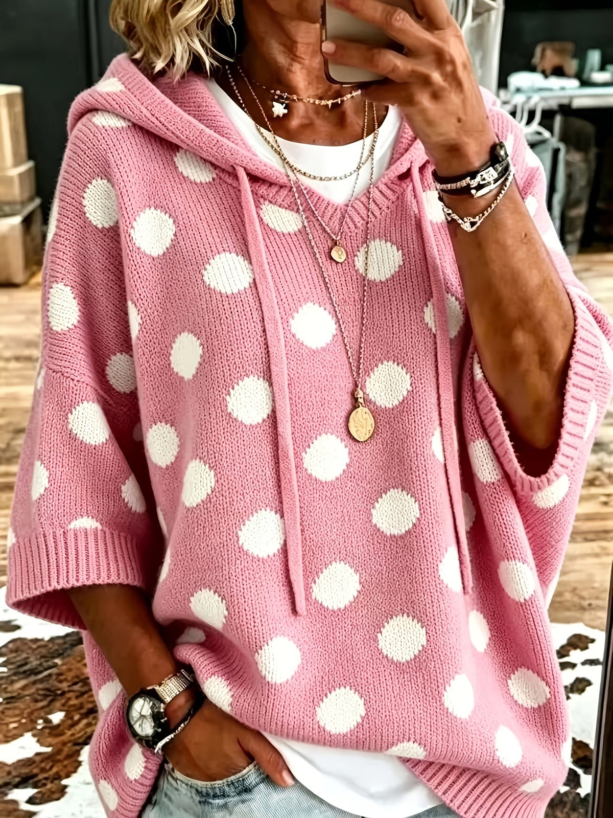 Casual Hooded Polka-dot Knit Pullover