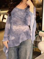 Tie-dye Ruffled Long-sleeve Chiffon Blouse