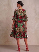 Chic And Romantic Cotton-linen Dress Featuring Leopard And Rose Prints, Piping, And Ruffle Details