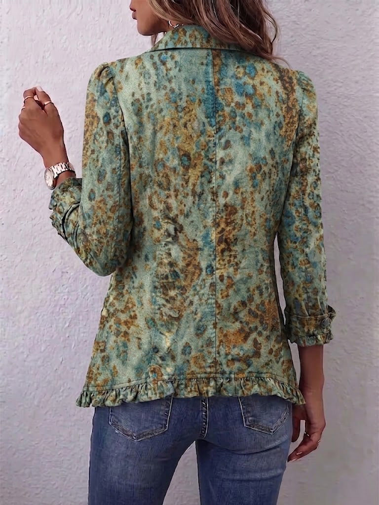Boho-style Vintage Green Leopard Print Ruffled Jacket