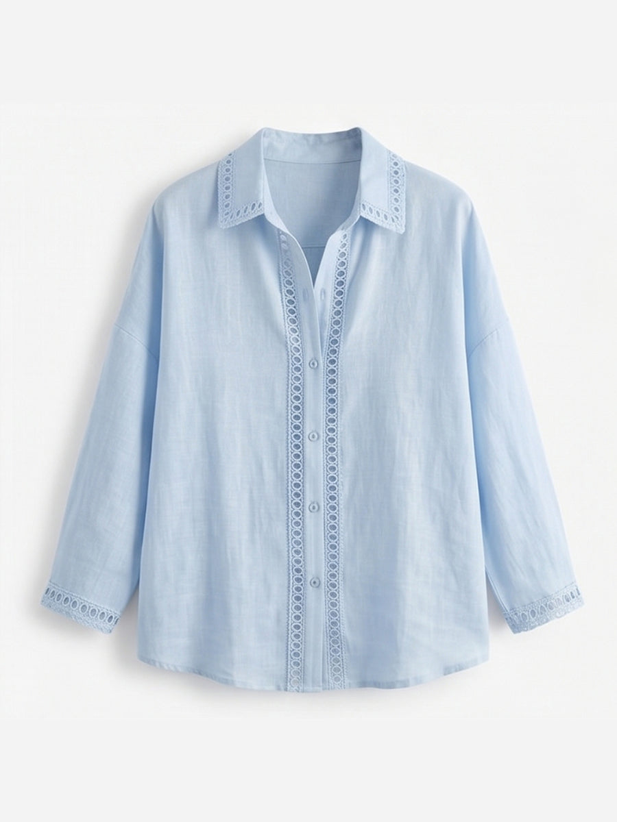 Casual Long-sleeve Linen-cotton Shirt With Spliced cutout Webbing