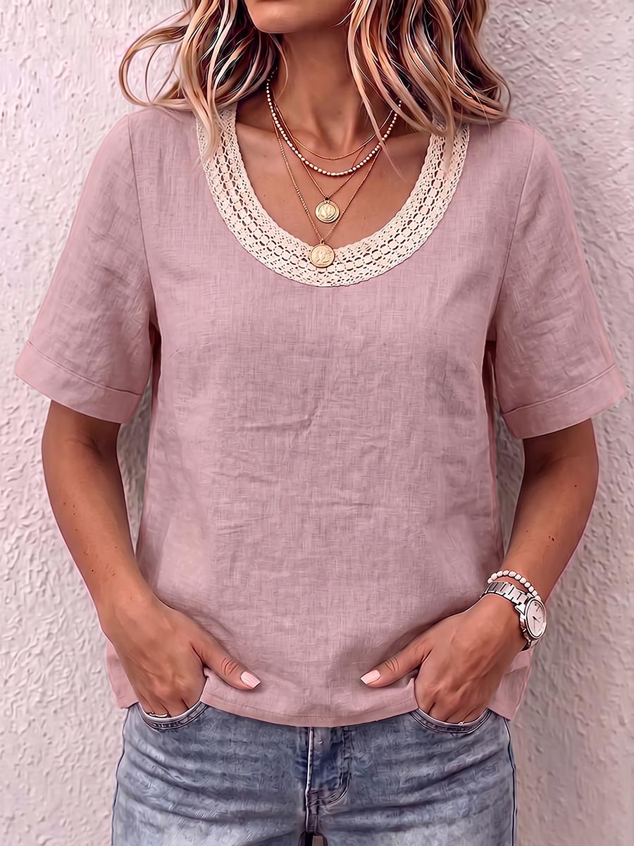 Women's Solid Color Round Neck Short-sleeved Cotton And Linen Top With Lace Trim