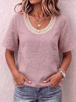 Women's Solid Color Round Neck Short-sleeved Cotton And Linen Top With Lace Trim