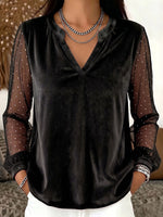 Women's Solid Color V-neck Long Sleeve Casual Loose Mesh And Velvet Patchwork Top