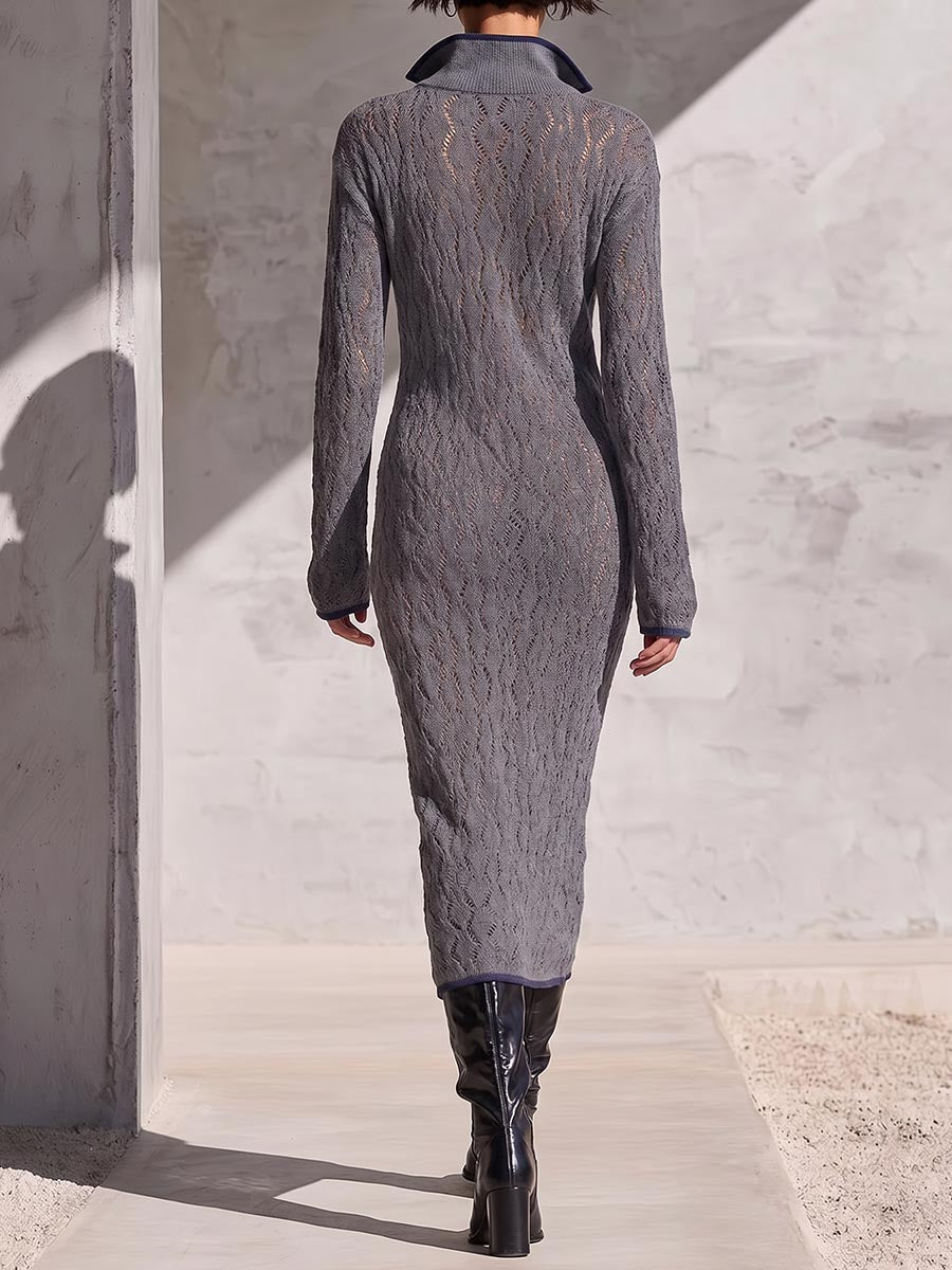 Women's Solid Color Collared Long Sleeve Casual Loose Knit Dress