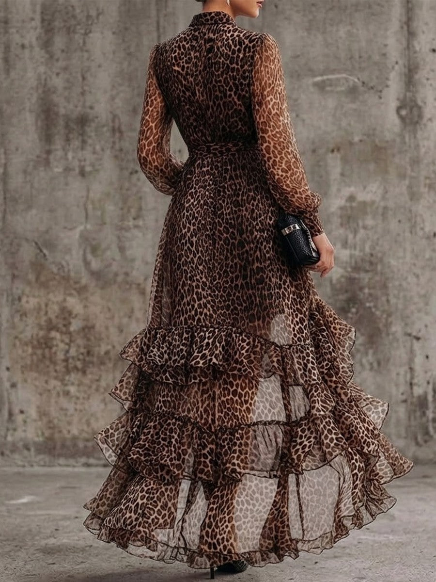 Collared Leopard Print Sheer Chiffon Wrap Waist Irregular Ruffle Maxi Dress