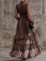Collared Leopard Print Sheer Chiffon Wrap Waist Irregular Ruffle Maxi Dress