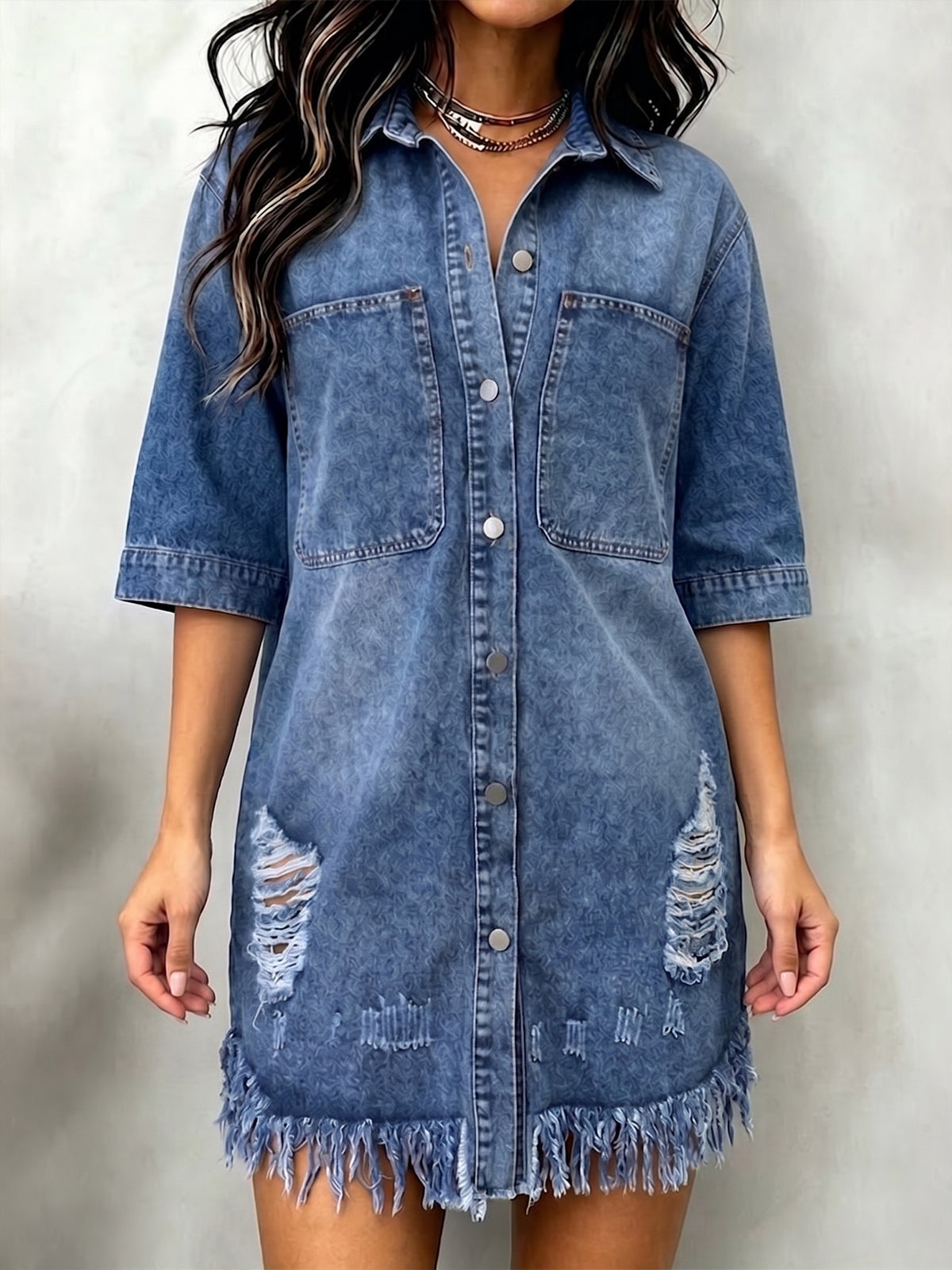 Loose Casual Ruffle Denim Mini Shirt Dress