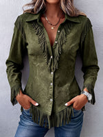 Boho Fringed Suede Button-down Shirt