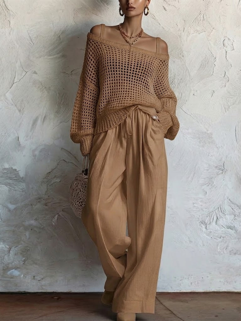 Two-piece Set: Open-knit Top And Cotton-linen Trousers