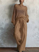 Two-piece Set: Open-knit Top And Cotton-linen Trousers