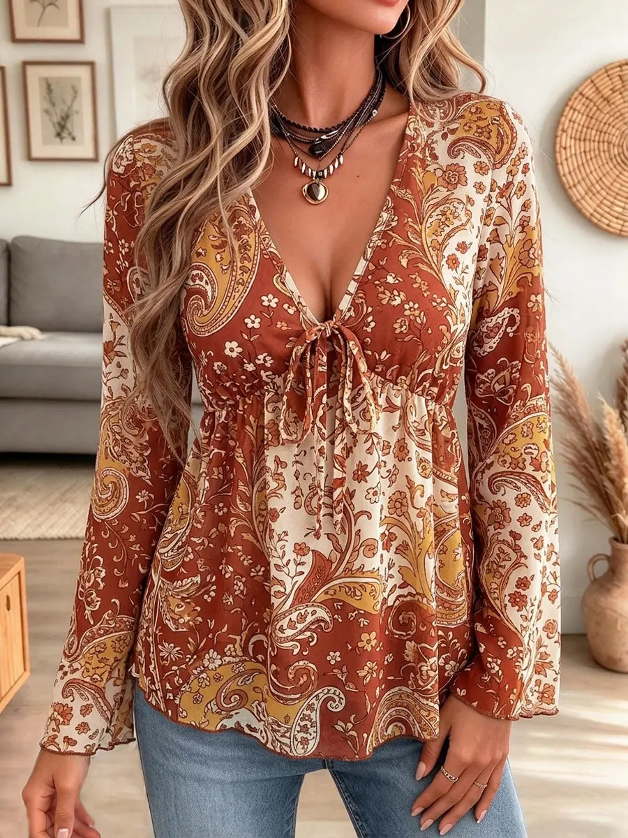 Retro Ethnic Floral Pattern Art Print Casual Stylish Long Sleeve Mesh V Collar Shirt