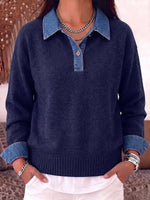 Women's Pullover Collar Long-sleeved Casual Loose Denim Patchwork Knit Top