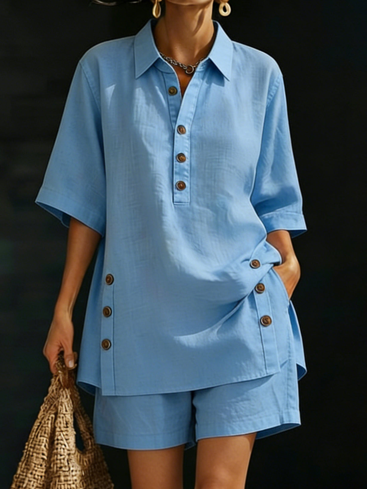 Cozy Loose-fitting Button Shirt And Shorts Cotton Linen Two-piece Set