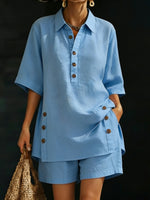 Cozy Loose-fitting Button Shirt And Shorts Cotton Linen Two-piece Set