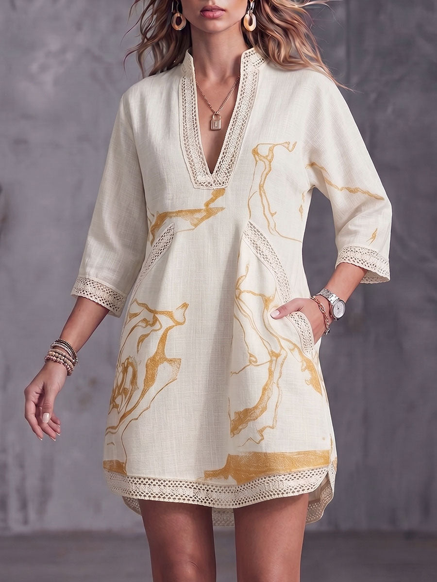 Women's Abstract Print V-neck 3/4 Sleeve Casual Loose Cotton Linen Dress