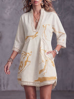 Women's Abstract Print V-neck 3/4 Sleeve Casual Loose Cotton Linen Dress