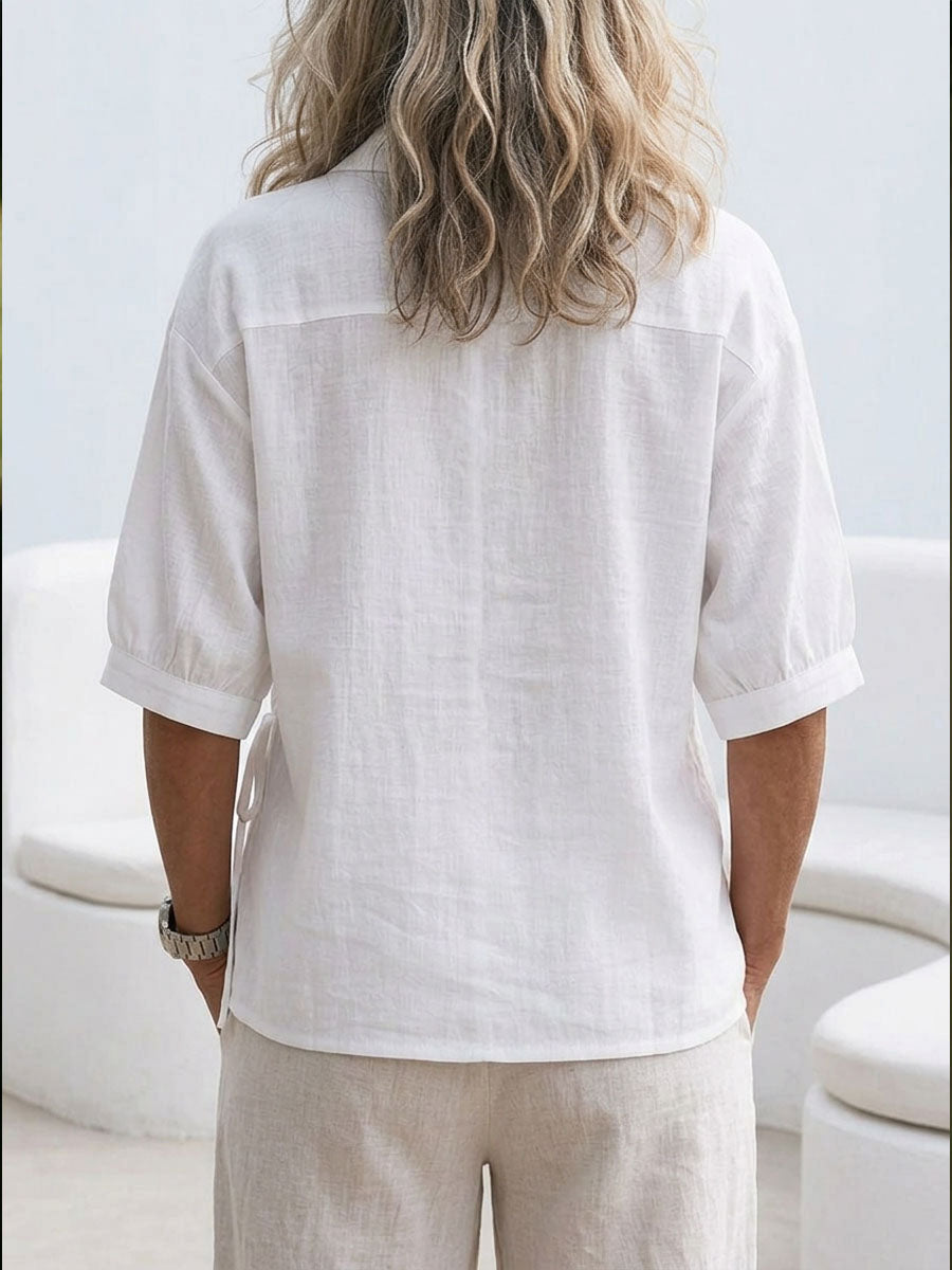 Women's Solid Color Collared 3/4 Sleeve Casual Loose Cotton Linen Shirt