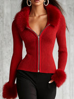Chic Faux Fur Trim Ribbed Zip-Up Knit Top