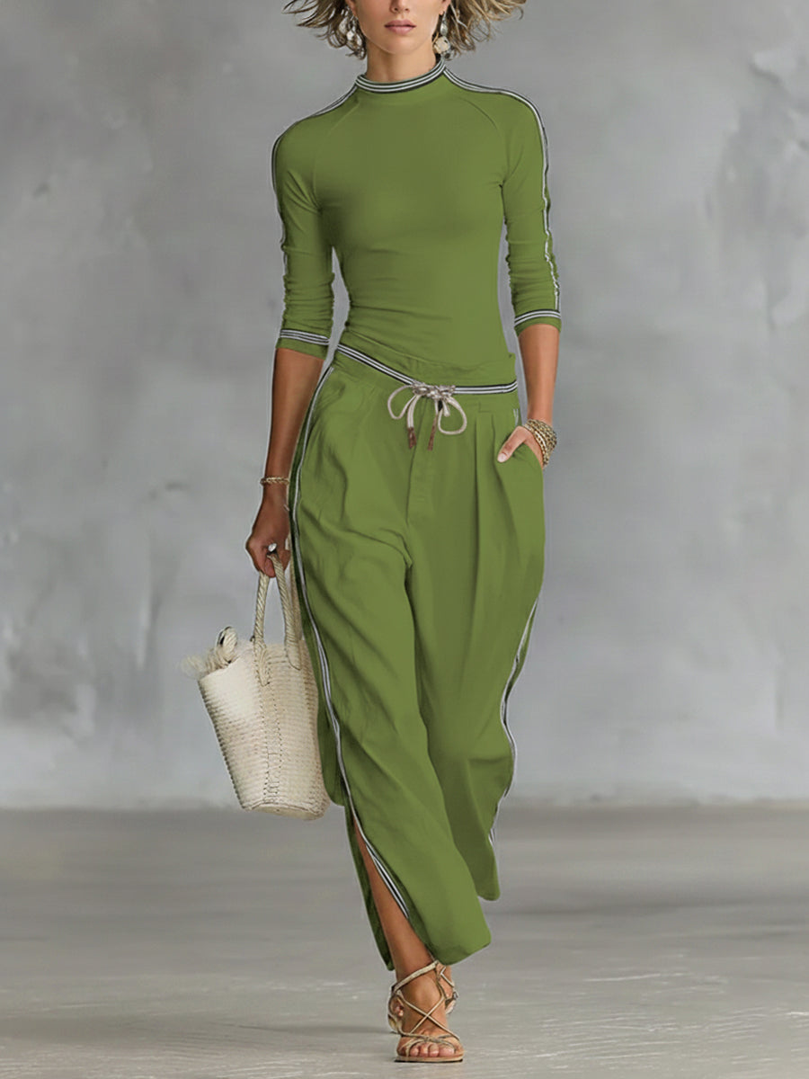 Cozy Stretch Knit Top And Cotton Trousers Two-piece Set