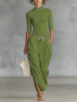 Cozy Stretch Knit Top And Cotton Trousers Two-piece Set
