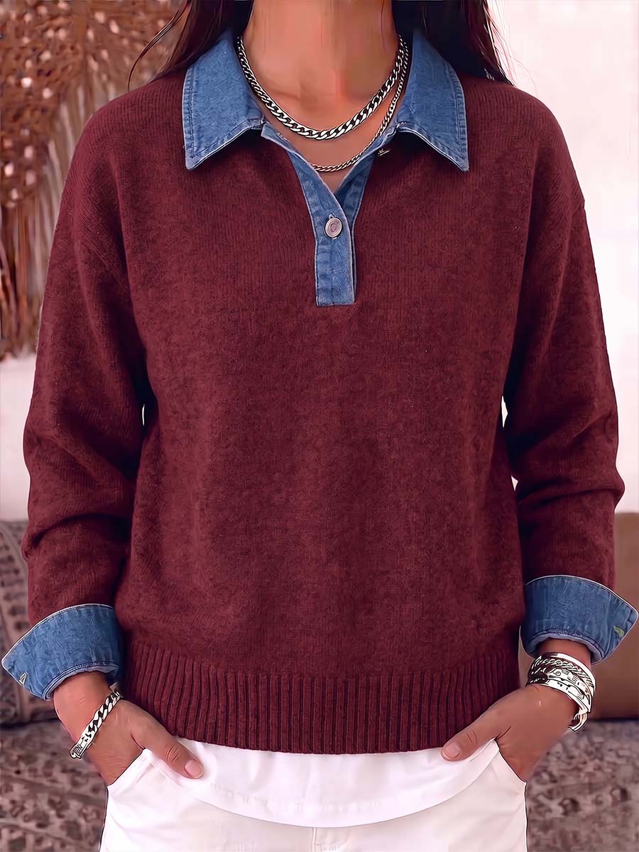Women's Pullover Collar Long-sleeved Casual Loose Denim Patchwork Knit Top
