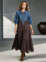 Boho-chic Denim Bodice Long Sleeve Floral Tiered Swing Maxi Dress