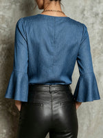 Chic Tencel Denim 3D Rose Appliqué Blouse