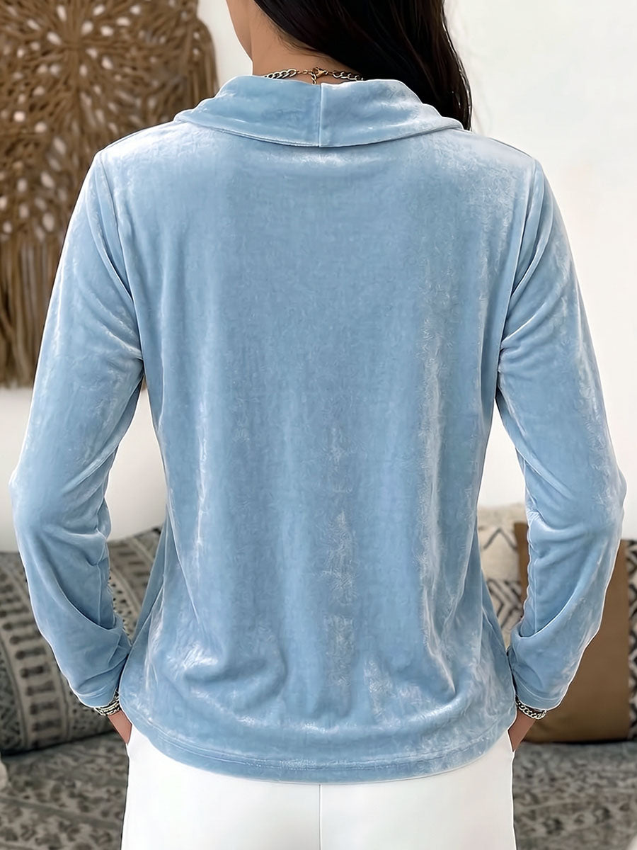 Women's Solid Color Lapel Long-sleeved Casual Loose Velvet Top