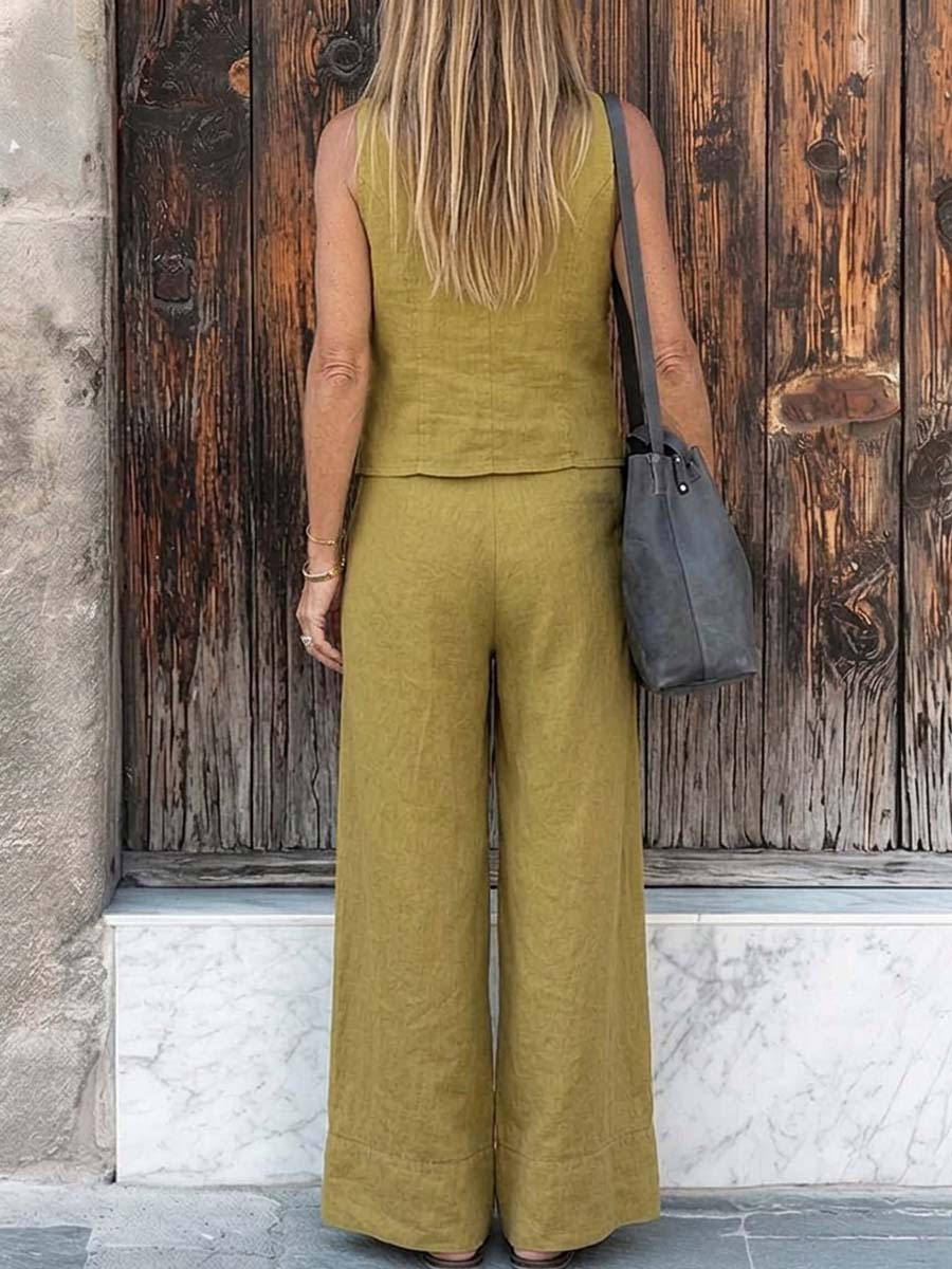 Women's Solid Color V-neck Sleeveless Casual Loose Cotton Linen Cardigan High Waist Wide Leg Pants Cotton Linen Set