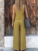 Women's Solid Color V-neck Sleeveless Casual Loose Cotton Linen Cardigan High Waist Wide Leg Pants Cotton Linen Set