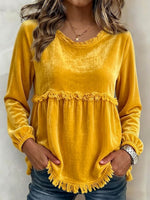 Round Neck Fringe Trim Spliced Velvet Lantern Long Sleeve Babydoll Top