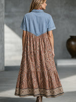 The Western Boho Denim-Patch Paisley Tiered Maxi Dress