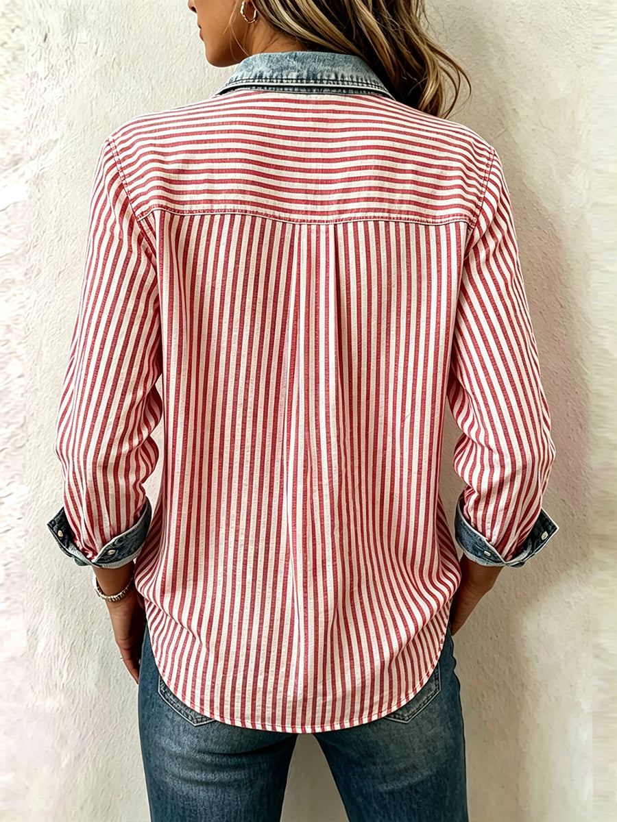 Red White Stripe Spliced Denim Collar Shirt