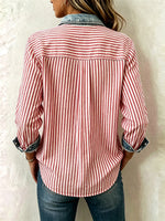 Red White Stripe Spliced Denim Collar Shirt