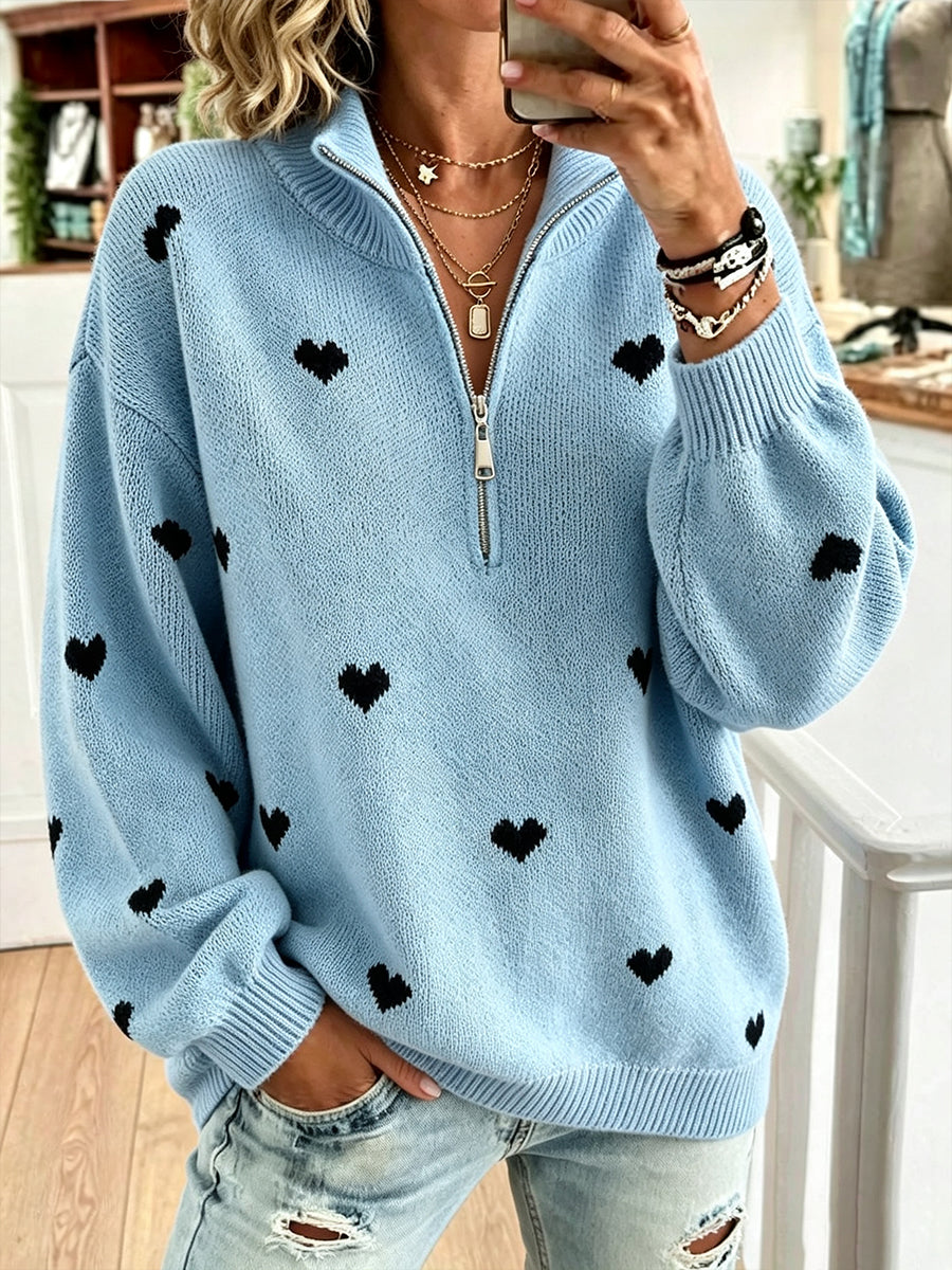 Cozy Half-zip Knit Pullover With Heart Pattern