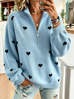 Cozy Half-zip Knit Pullover With Heart Pattern