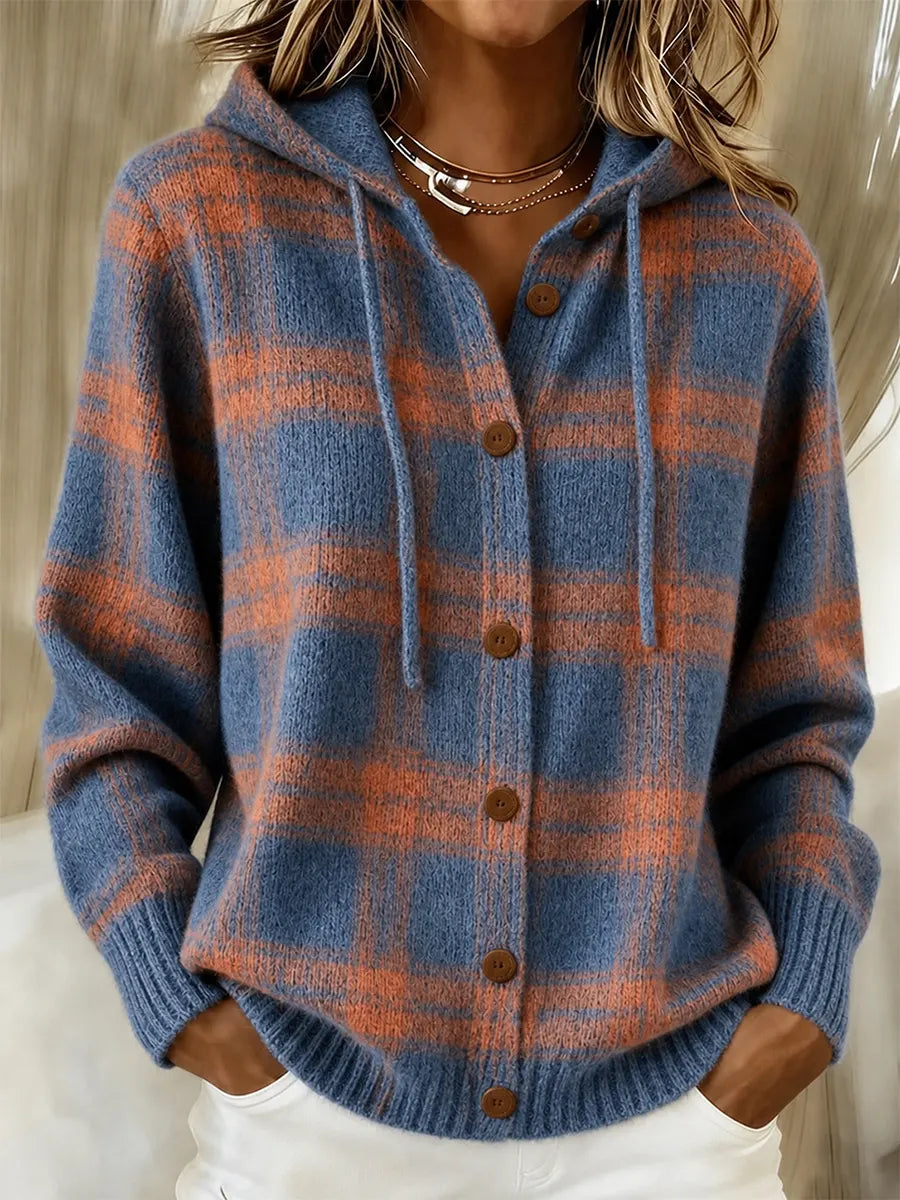 Women's Plaid Hooded Sweater Cardigan