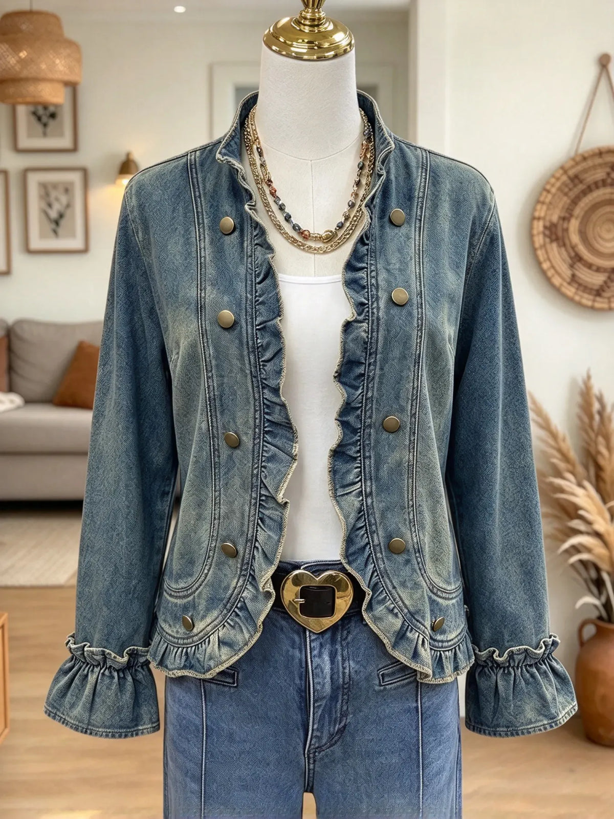 Women's Double-Breasted Ruffle Hem Denim Jacket