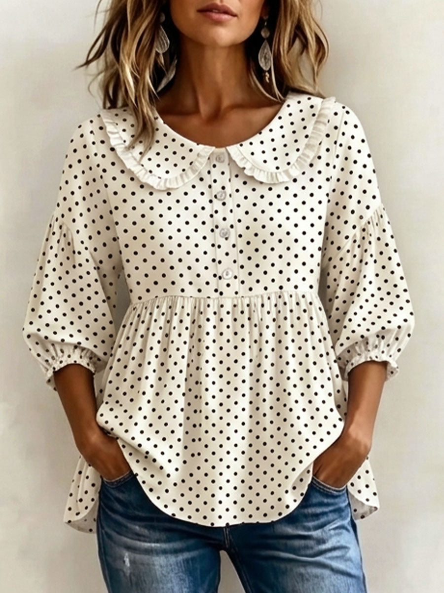 Women's Polka Dot Print Peter Pan Collar 3/4 Sleeve Casual Loose Cotton Linen Top