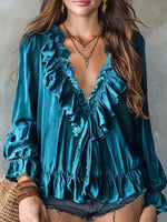 Bohemian Ruffled V-neck Velvet Shirt