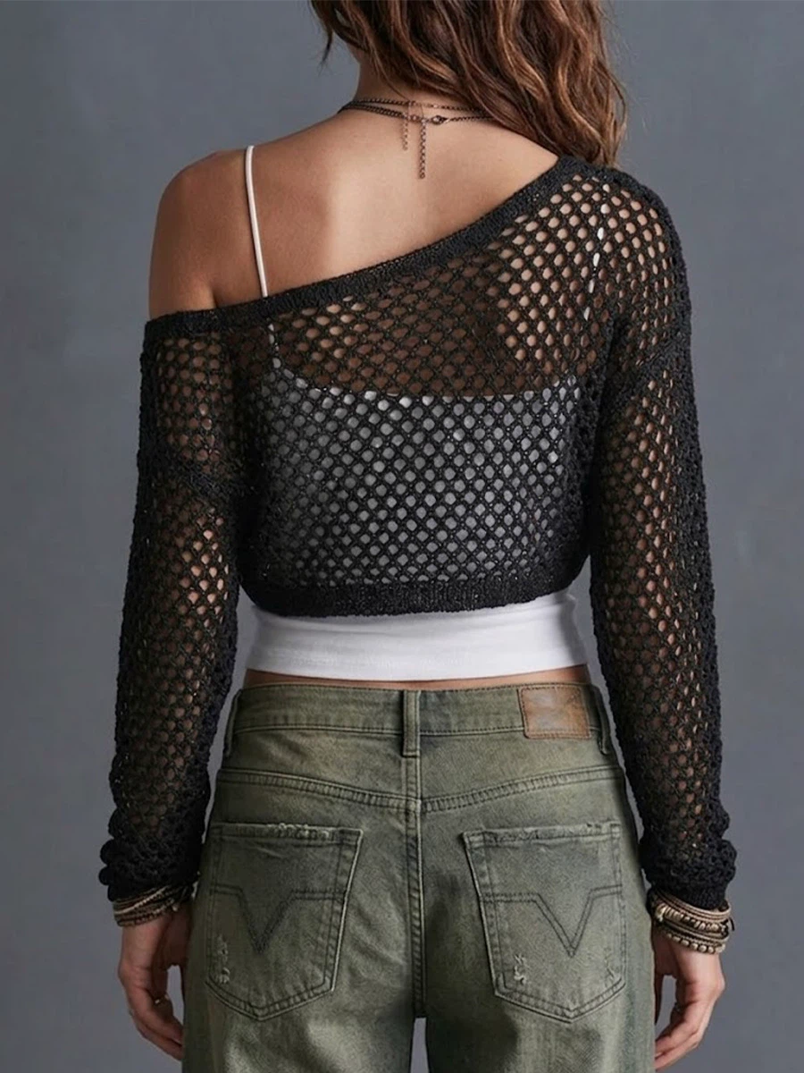 Asymmetric Off Shoulder Hollow Mesh Cropped Long Sleeve Knit Cover Up