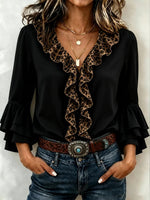 Romantic Leopard Ruffle Trim Tiered Bell Sleeves Chiffon Blouse