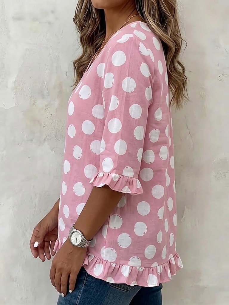 V-neck Polka Dot Ruffle 3/4 Sleeve Linen Blend Top