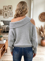 Women Grey Asymmetric Cold Shoulder Cutout Oversized Knit Sweater