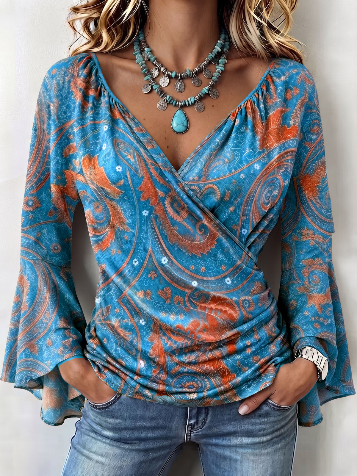 Bohemian Casual Stretch Bell Sleeves Blouse