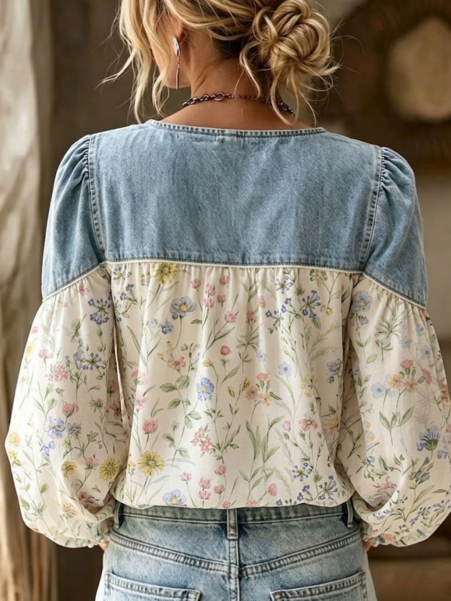 Boho-style Floral Patchwork Denim Shirt